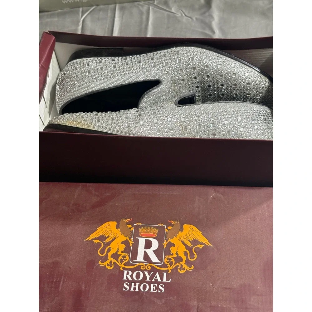 Royal‎ Shoes Mens Rhinestone Loafers Silver Crystal Red Bottom Formal Slip On 8